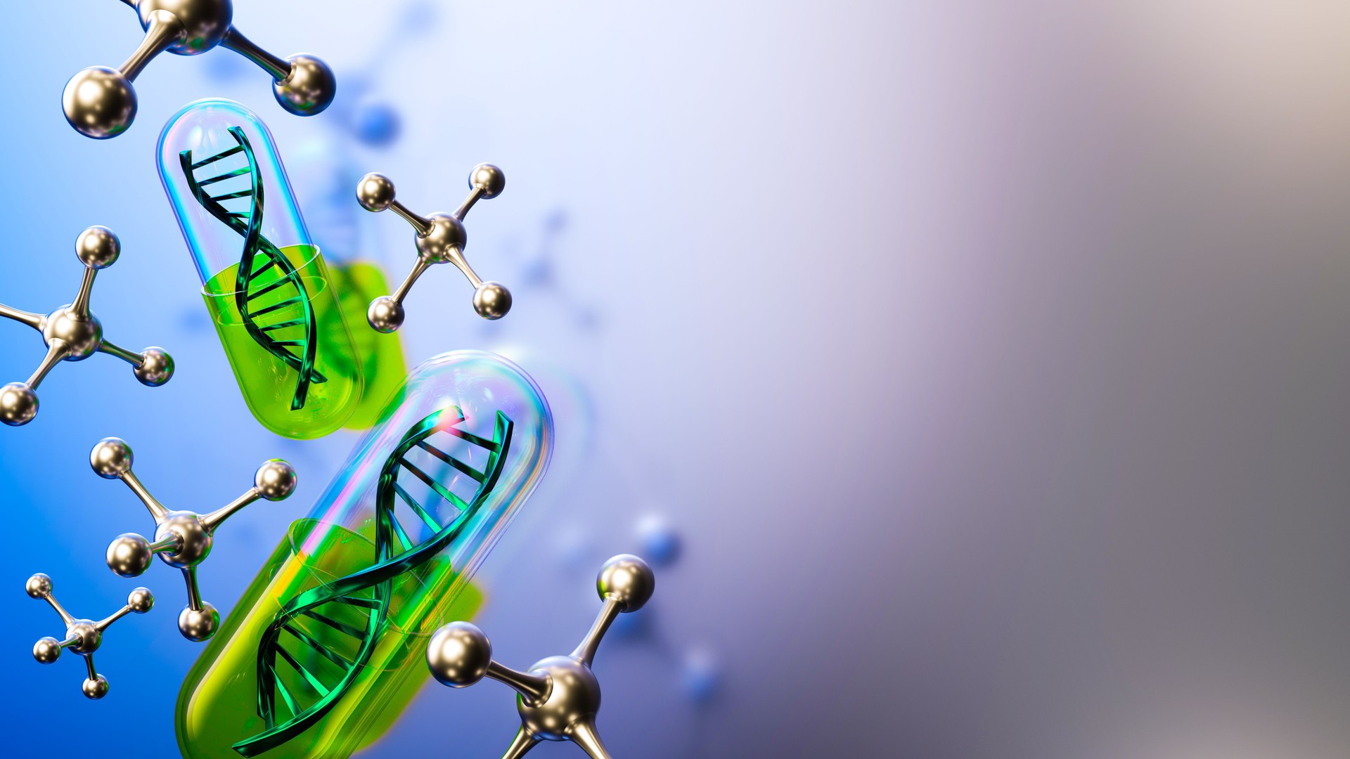 3D DNA helix with metallic molecules, green capsules, blue background, scientific visualization, genetic research, biotechnology concept, glossy surfaces, dynamic composition, futuristic medical imagery. 3D render.