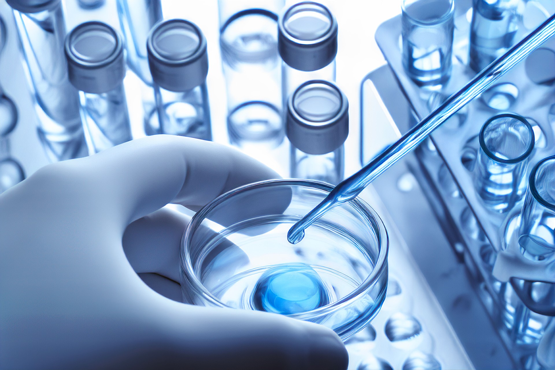 Scientist taking a sample out of a petri dish using a pipette