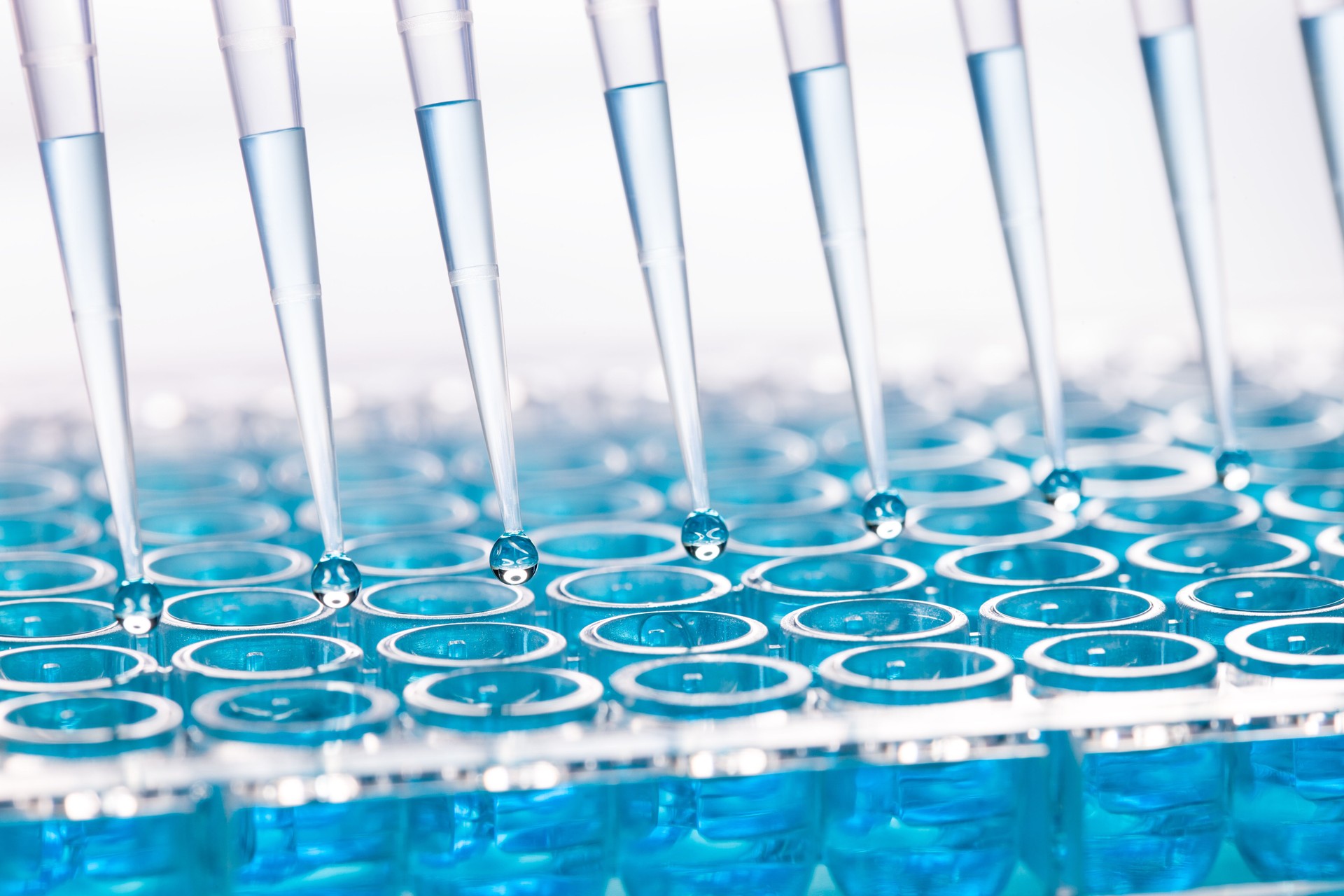 Blue liquid dripping from funnel into test tubes